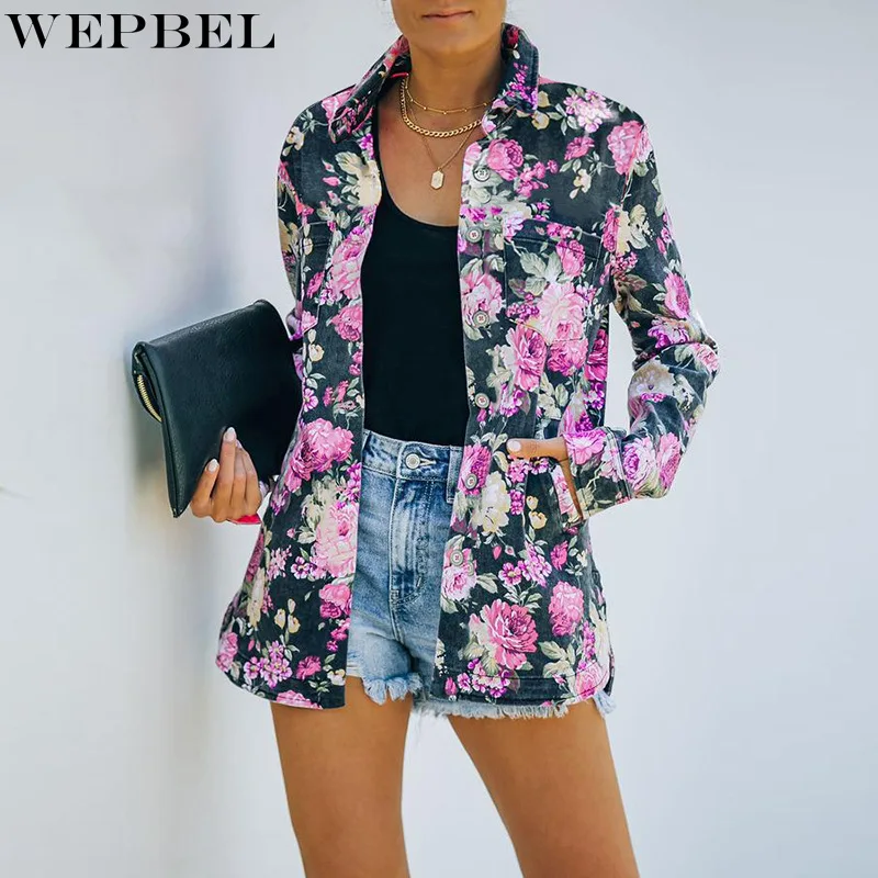 

WEPBEL Shirt Women's Casual Pocket Floral Print Straight Coat Autumn Long Sleeve Single Breasted Turn-down Collar Shirt Coat