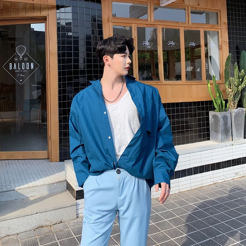 Рубашка мужская с длинным рукавом винтажная модная Свободная Повседневная синяя