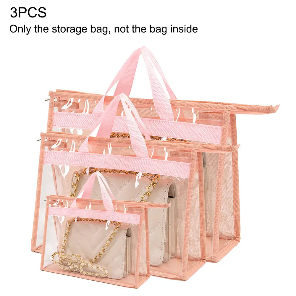

3pcs Dust Cover Home Zipper Closure For Hanging Closet Wardrobe Large Capacity Storage Bag With Handle Handbag Organizer PVC