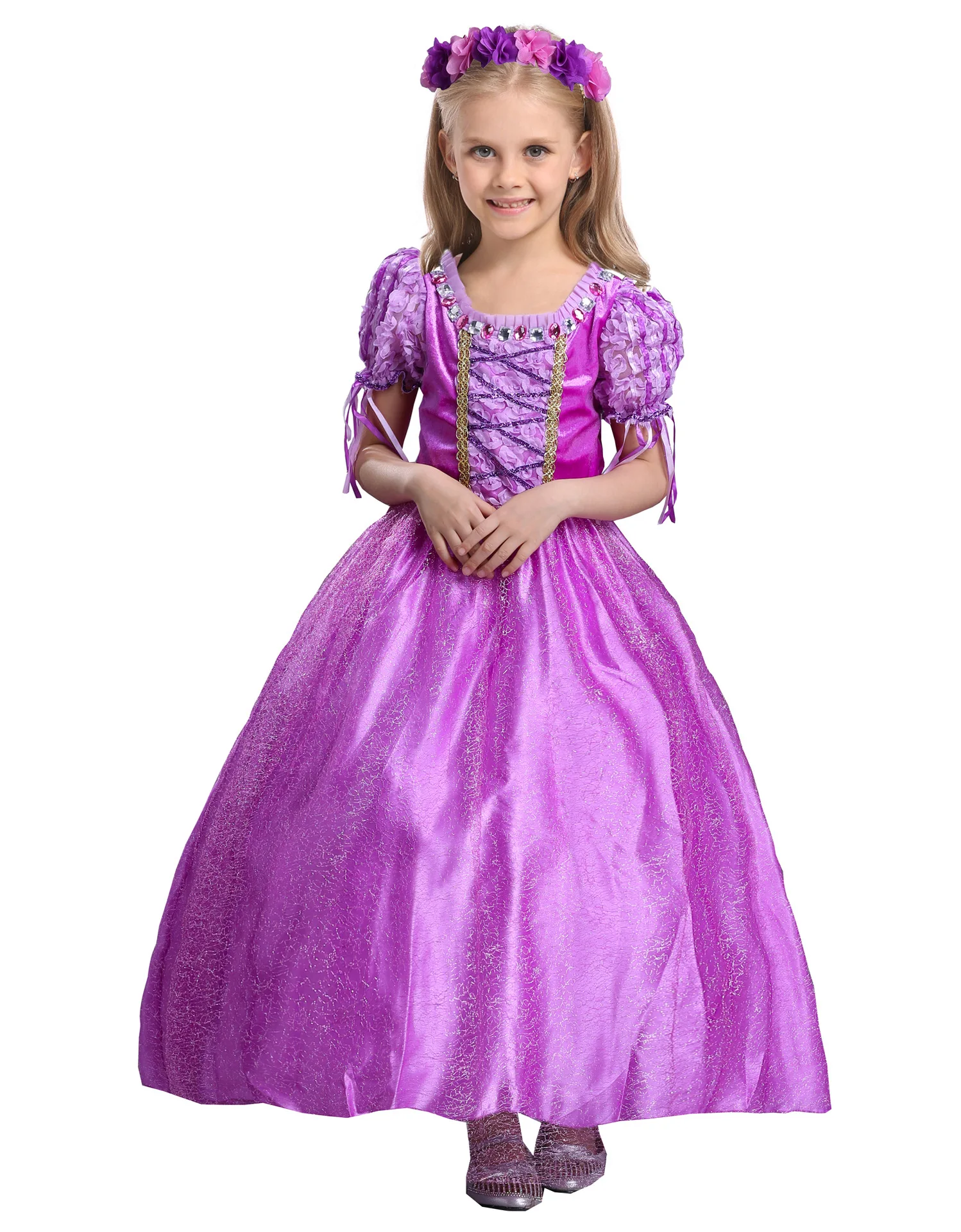 

Girl Princess Dresses Anime Sofia Long Hair Cosplay Costume Christmas Party Cloth Children Perform Dress Mesh Short Sleeve Print