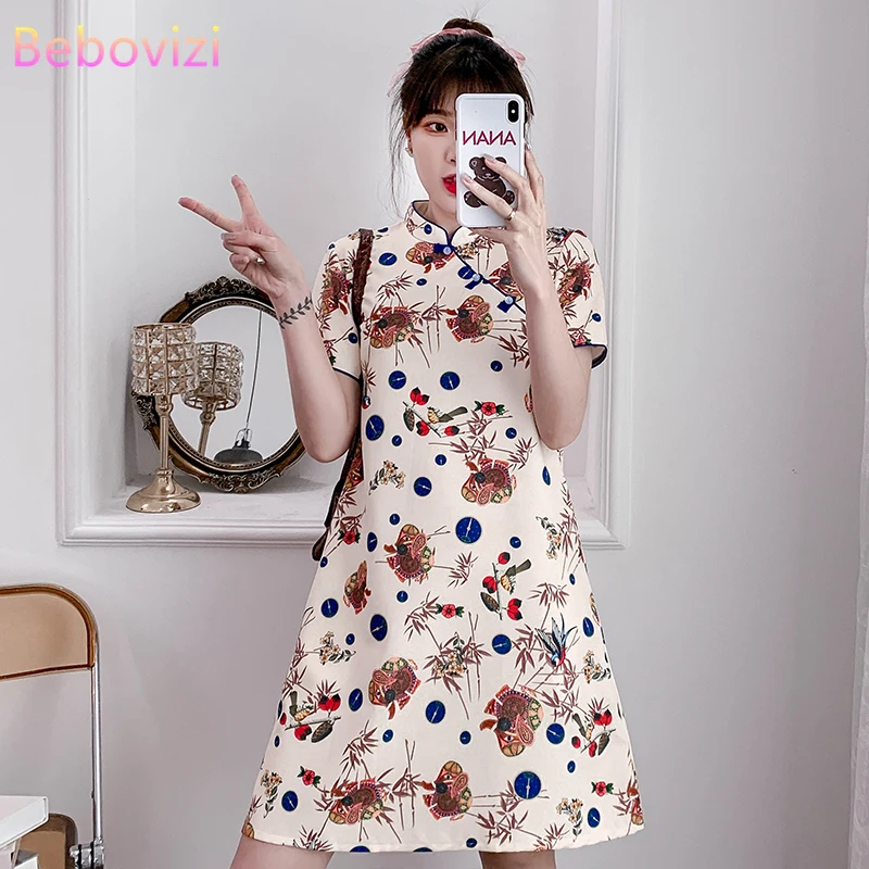 

2021 4XL 3XL XXL Elegant Summer Casual Party Fashion Modern Cheongsam Dress Women Short Sleeve Qipao Traditional Chinese Clothes