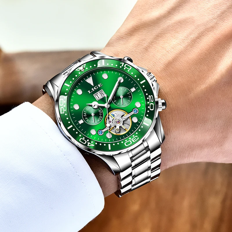

LIGE 2021 New Luxury Brand Men Automatic Watch Sport Wristwatch Tourbillon Skeleton 30m Waterproof Clock Male Relogio Masculino