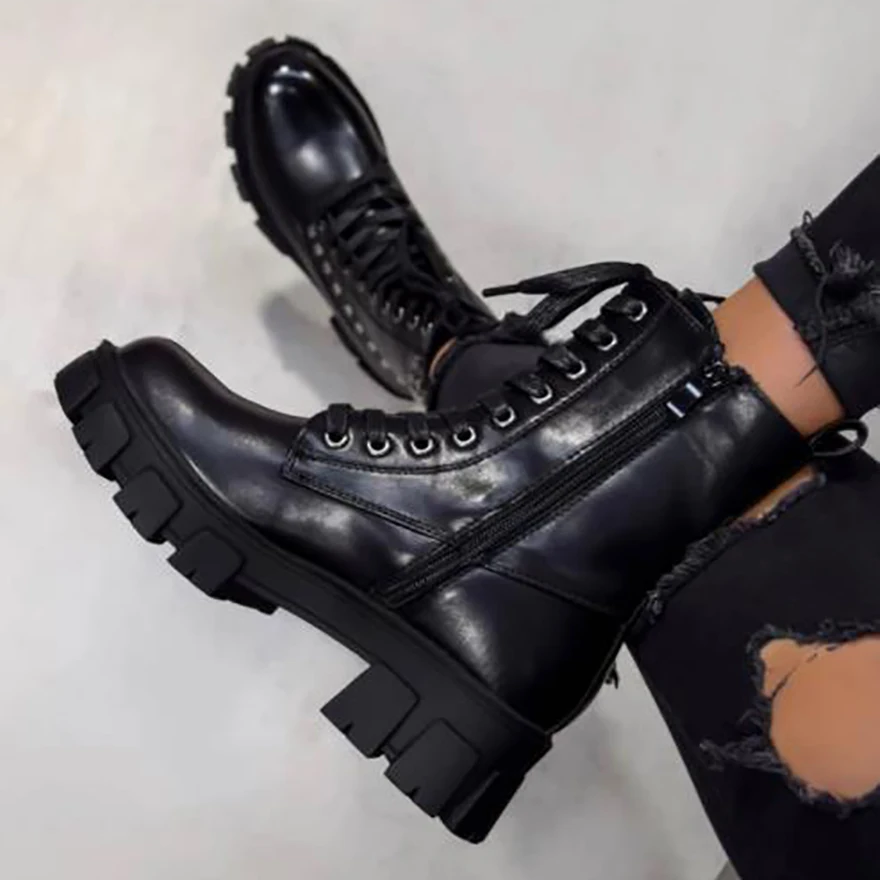 

Fall Women's Ankle Boots British Style Leather Studded Decoration Ladies Boots Chunky Heel Lace Up Female Motorcycle Shoes