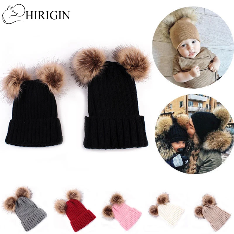 New Thick Female Cap Fur Ball Cap Winter Hat For Mother Baby Daughter Son Hat Kids Knitted Beanies Cap