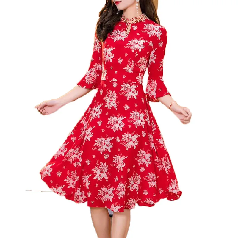 

2021 Chinese Dress Traditional Improved Cheongsam Women Silk Double Wrinkle Summer Dress Stand Collar Middle Sleeve Swing Skirt