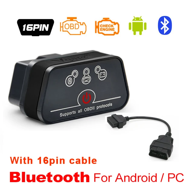 Vgate iCar2 ELM327 obd2 Bluetooth сканер elm 327 Wi-Fi диагностический инструмент для android/PC/IOS считыватель кодов+ 16-контактный удлинитель - Цвет: Black BT cable