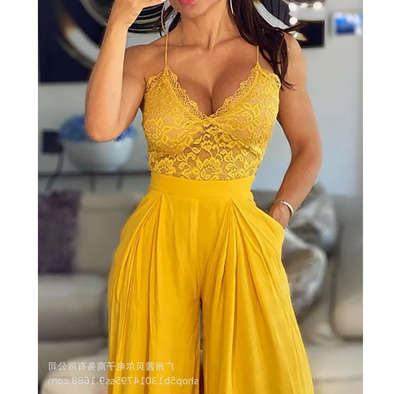 

Mandylandy Yellow Women Jumpsuits Sexy Lace Sling Suit Wide Leg Trousers Jumpsuits Sexy Sleeveless V-neck High Waist Jumpsuits