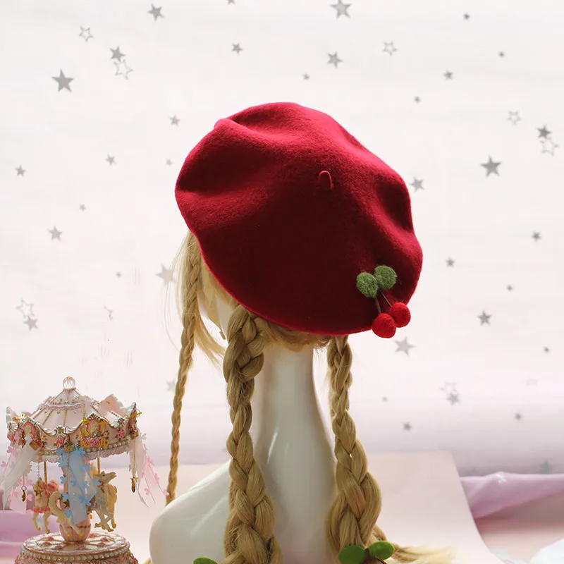 

Fashion Women Cute Beret Cherry Soild Color Windproof Beret Hat Casual Club Versatile Beanies Girl Hat Free Shipping Wholesale