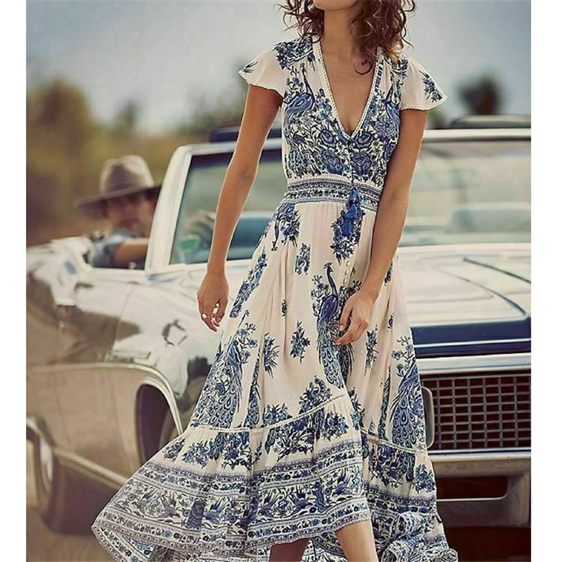 Летнее женское платье с цветочным принтом модное богемное новинка 2019 винтажное
