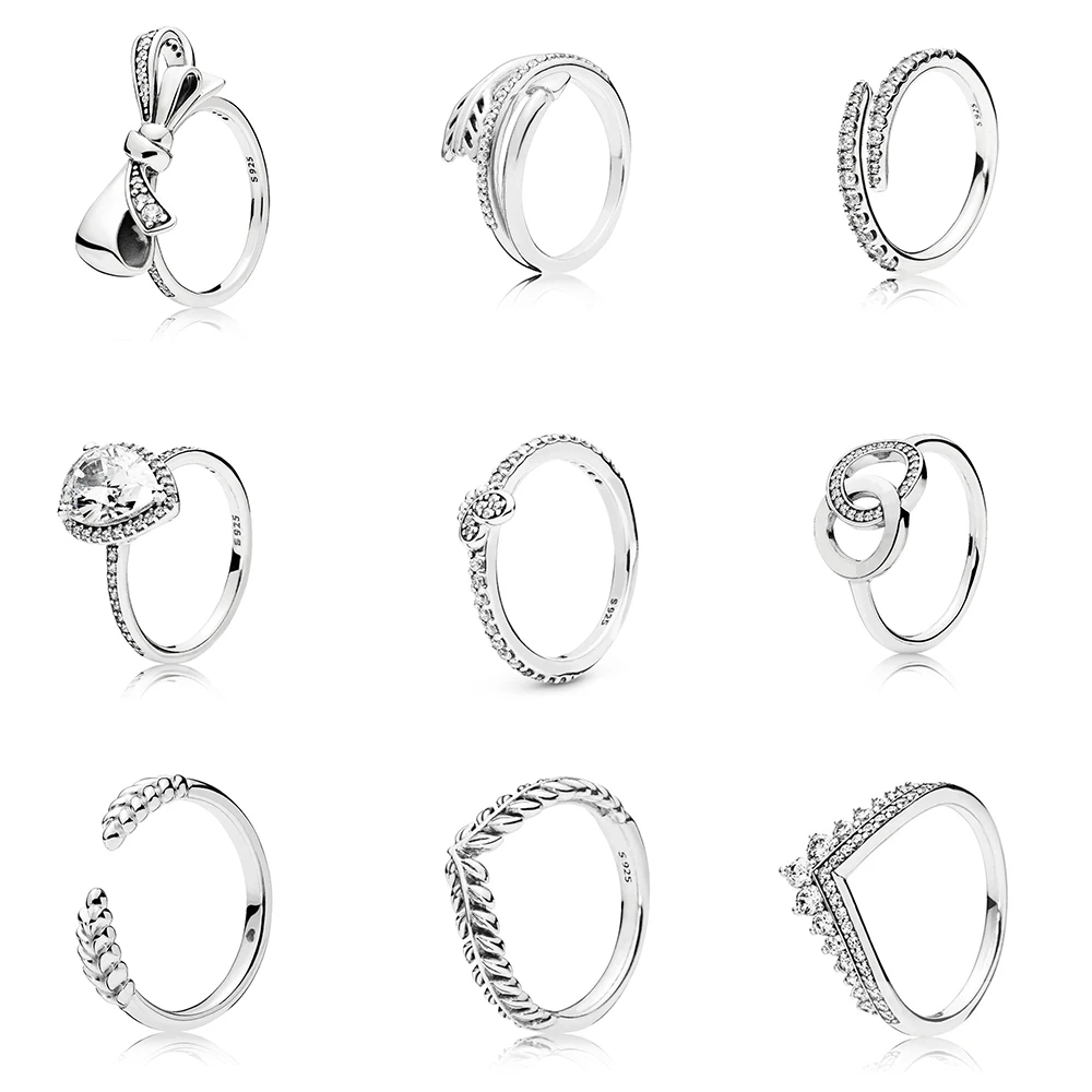 

925 Sterling Silver Ring Charms Bow Arrow Crown Wheat Ear Crystal Finger Ring For Women Party Jewelry