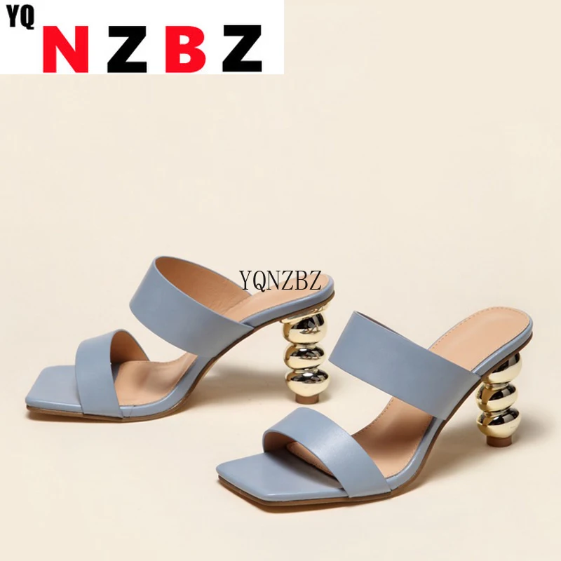 

YQNZBZ New Design Metal Strange High Heels Summer Women Slipper Elegant Square Toe Slip-On Sliders Shoes Ladies Sandals Size 42
