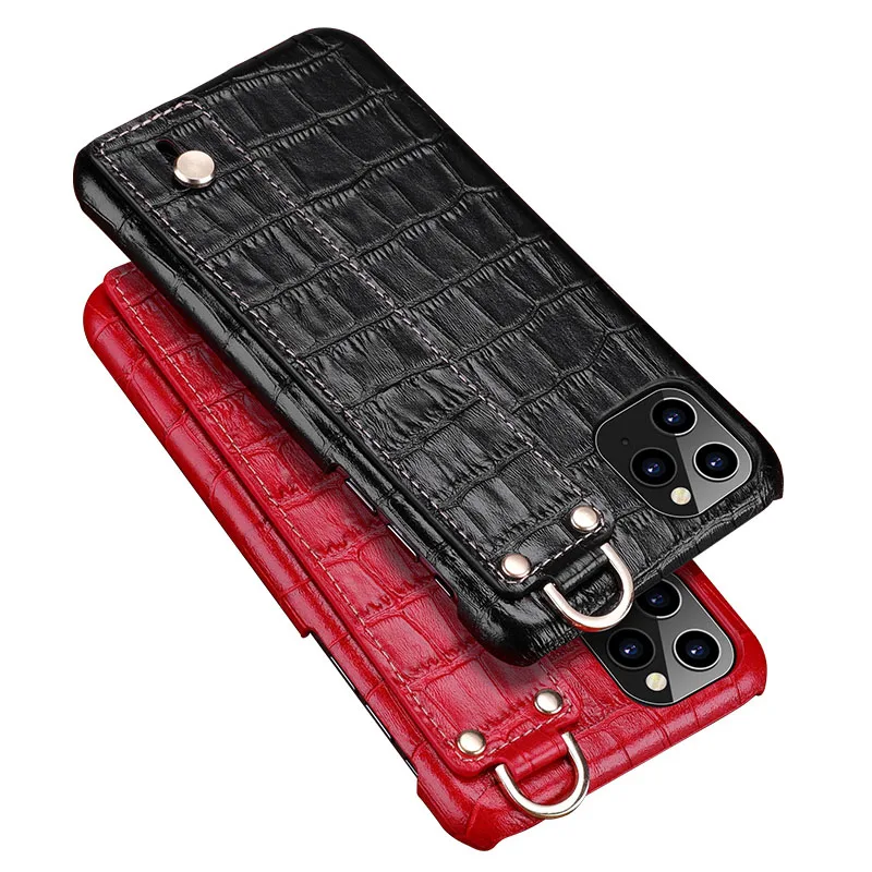 

Genuine Leather Wrist Strape Phone Case For iPhone 11 Pro Max Case Shockproof Crocodile Pattern Hard PC Cover For iPhone 11 Case
