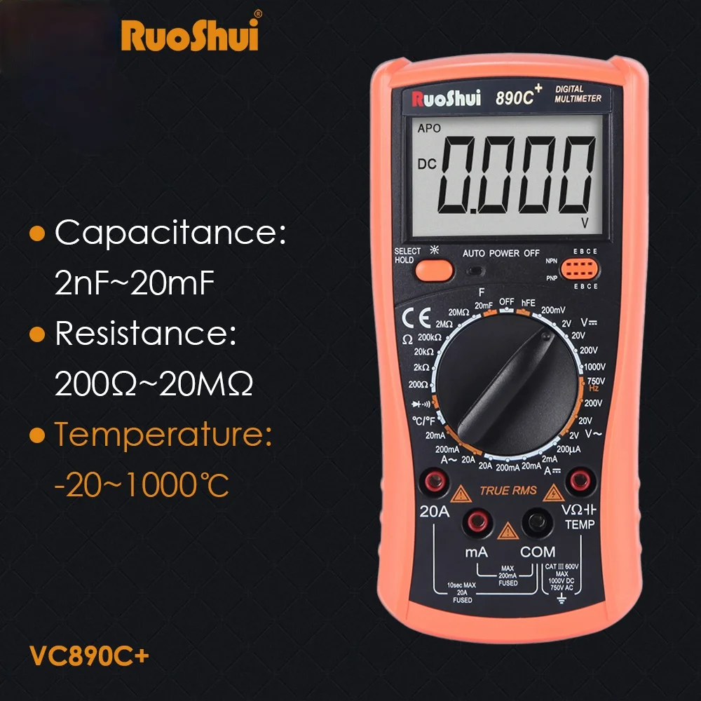 

RuoShui 890C+ Multimeter True RMS 2000Counts Transistor AC Voltage Tester with Probes Capacitance Temperature Digital Multimetro