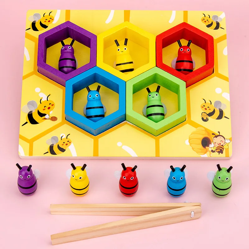 

New Wooden Leaning Educatinal Toys Children Montessori Early Education Beehive Game Childhood Color Cognitive Clip Small Bee Toy