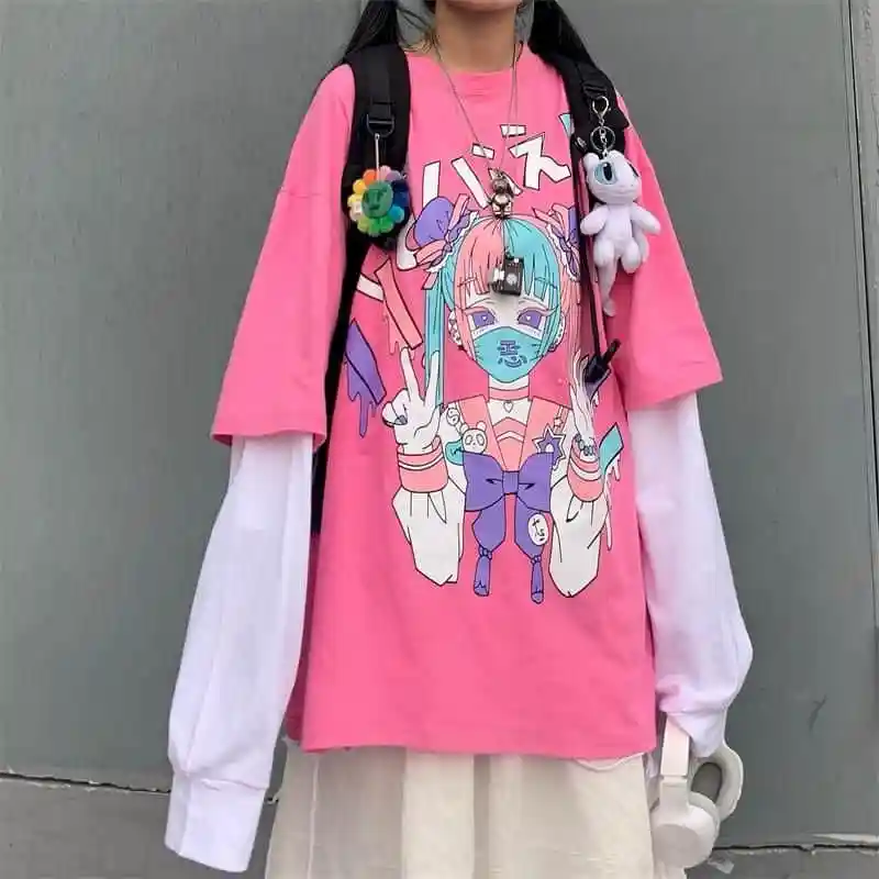 

Harajuku Sweet Tshirt Pink Women T Shirt Stitching Fake Two-piece Cartoon Printing Loose Round Neck Student Long-sleeved T-shirt