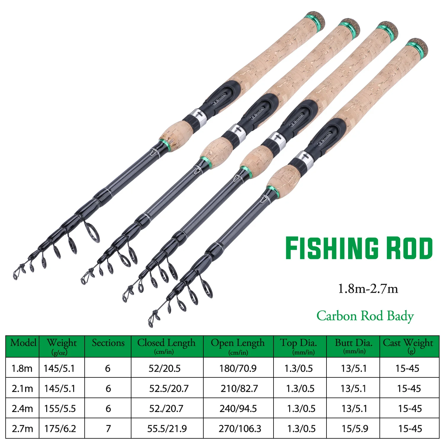 

PPGUN New Telescopic Lure Rod 1.8M 2.1M 2.4M 2.7M Carbon Fiber Cork Wood Handle Spinning Rod Fishing Pole Tackle