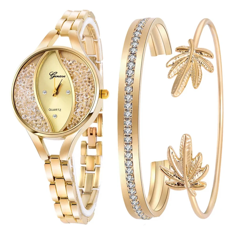 

3 PCS set Ginave Watch Women Flow Sand Diamond Bracelet Watch Luxury Jewelry Ladies Female Girl Hour Casual Quartz Wristwaches