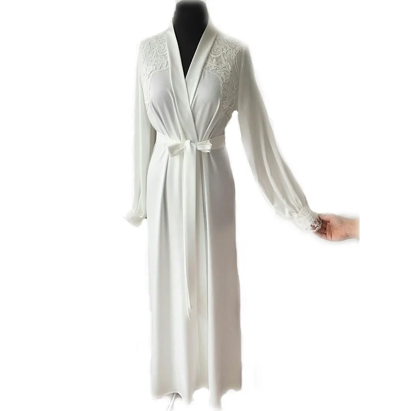

White Women Bathrobe Lingerie Lace Floor Length Robes Long Sleeve Sleepwear Sexy Nightwear Babydoll Robe Dressing Gowns