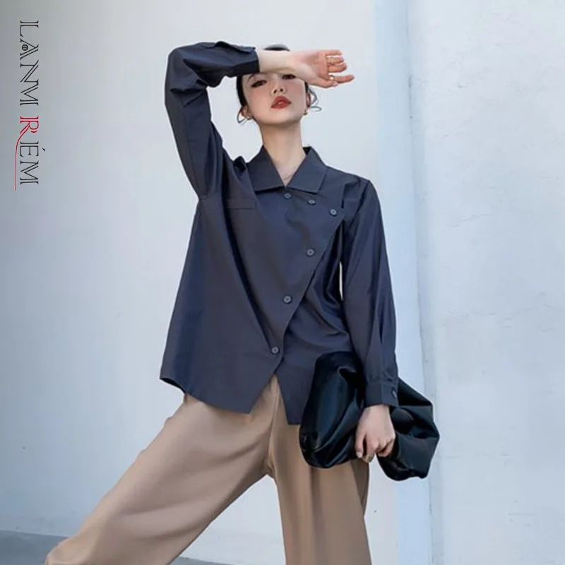 

LANMREM Elegant Blouse Long Sleeve Irregular Shirt Ladies Top Casual Solid Color Single-Breasted Women Streetwear Blouses 2D1306