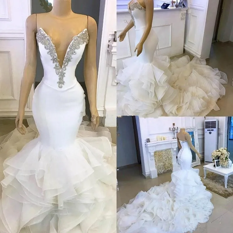 

Amazing Mermaid Wedding Dresses Sweetheart Deep V Neck Beaded Tiered Organza Court Train Wedding Bridal Gowns robes de mariée