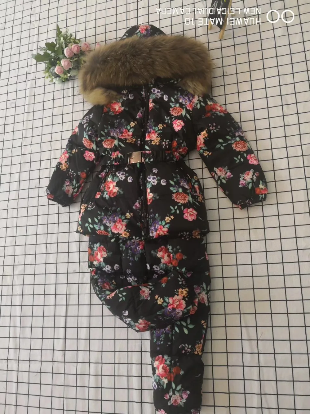 Real raccoon fur winter jacket child suit jacket+pant twinset boy& girl ski suits children down jacket outerwear parka
