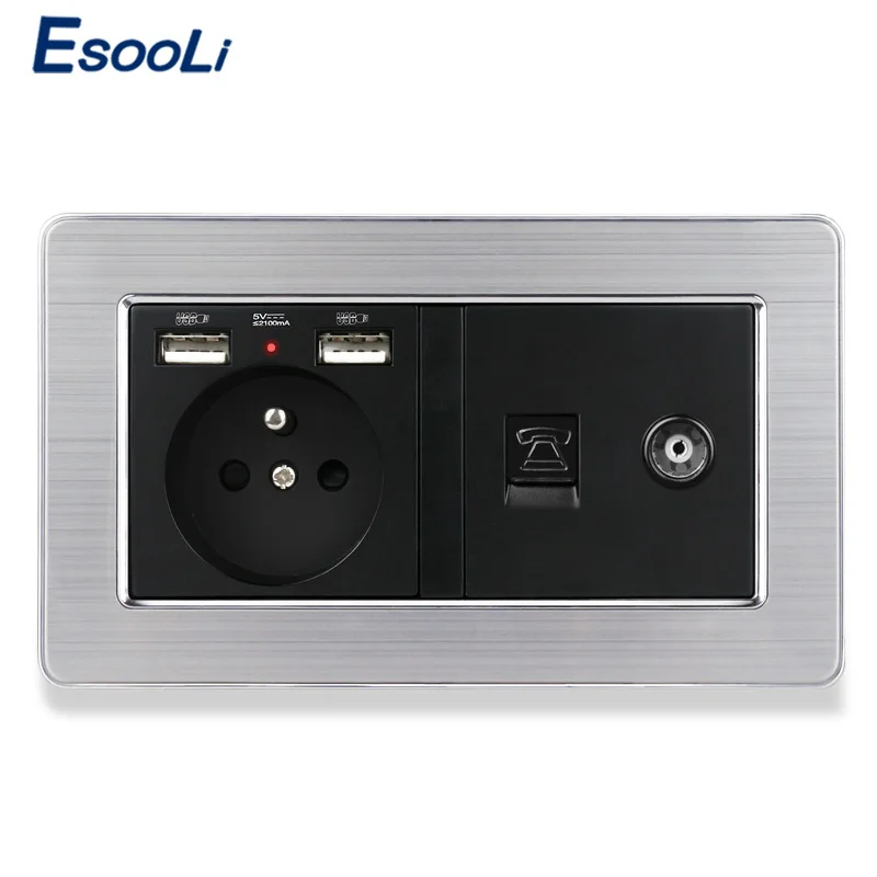 ESOOLI панель из нержавеющей стали французская стандартная розетка с 2 usb-портом для