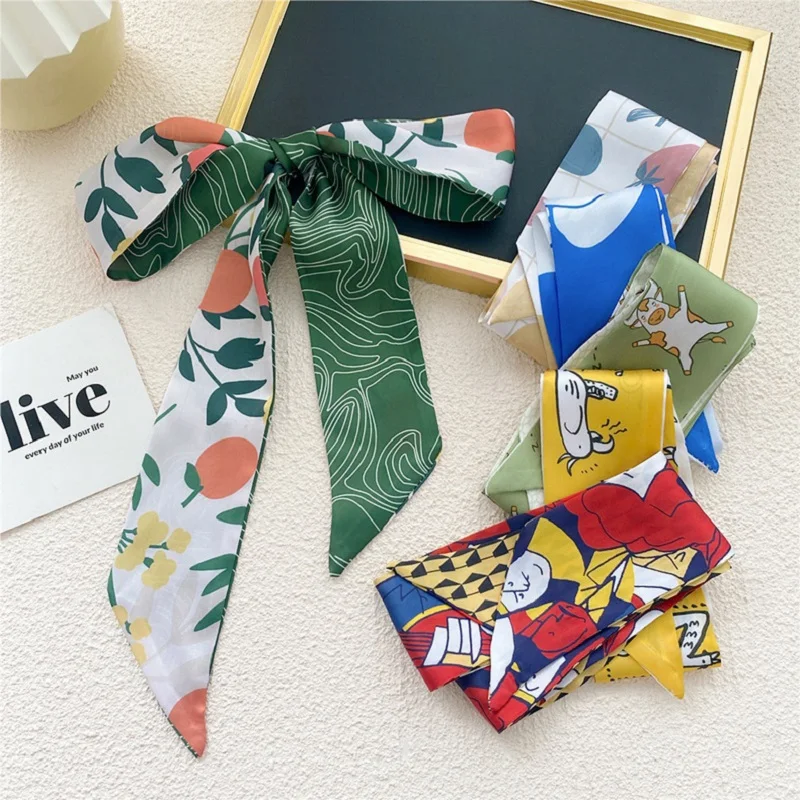 

Colorful Cartoon Print Scarf Women Fashion Hair Tie Band Ribbons Head Neck Twill Bag Scarf Long Narrow Foulard Femme Headband