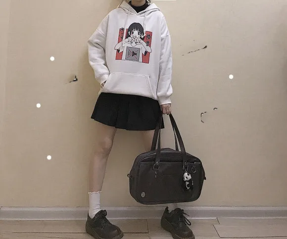 Harajuku Kawaii аниме девушка с капюшоном Толстовка японский Винтаж милый черный флис толстовка с рисунком женский объемный пуловер