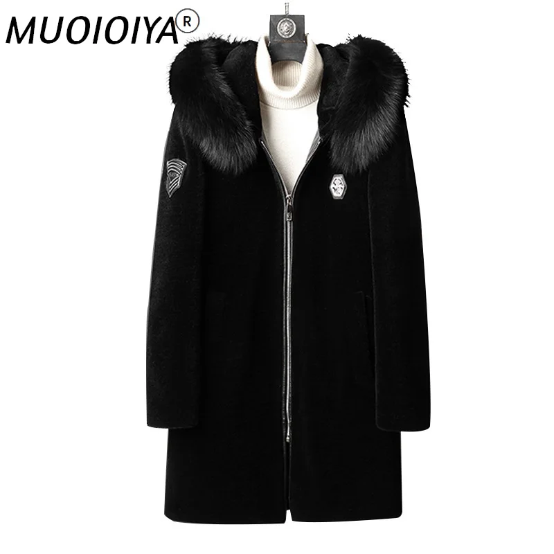 

MUOIOYIA 100% Real Sheep Shearling Coat Male Winter 2022 Hooded Fox Fur Collar Jackets Men Warm Black Parkas Veste Homme Gxy277