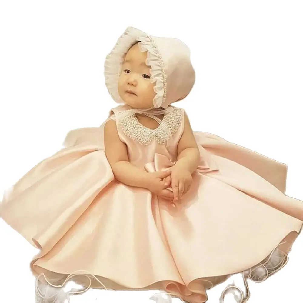 

Puffy Pink Kids First Communion Dresses Pearls Collar Girl Pageant Dresses Satin Bow Layers Little Bride Dress Flower Girl Dress