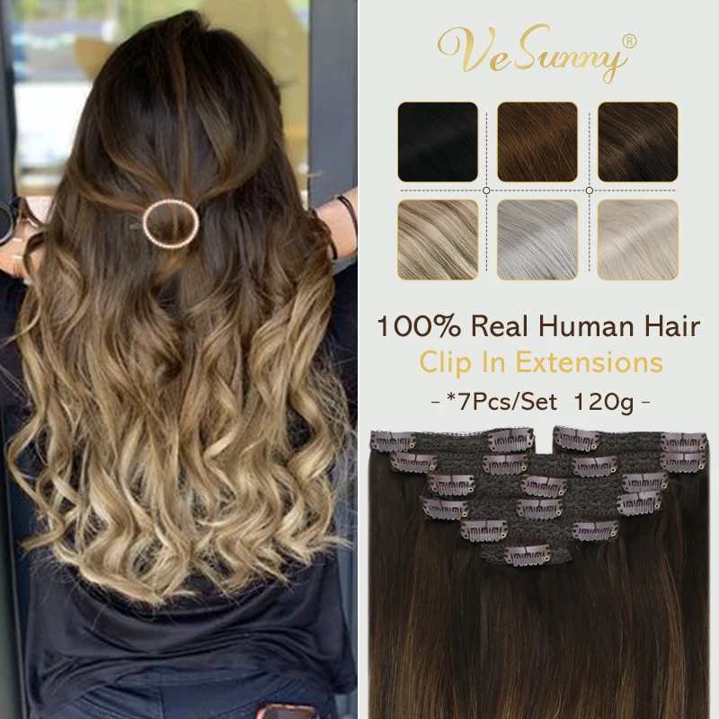 VeSunny Double Weft Clip in Hair Extensions 100% Brazil Real Hair 7pcs 120gr Balayage Black to Brown with Dark Blonde #1B/4/18