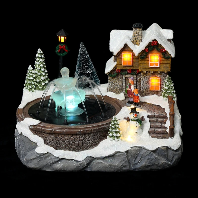 

Christmas Village Scene Ornament Colorful LED Lighted Resin Snow House Music Water Fountain Animated Statues Figurine new