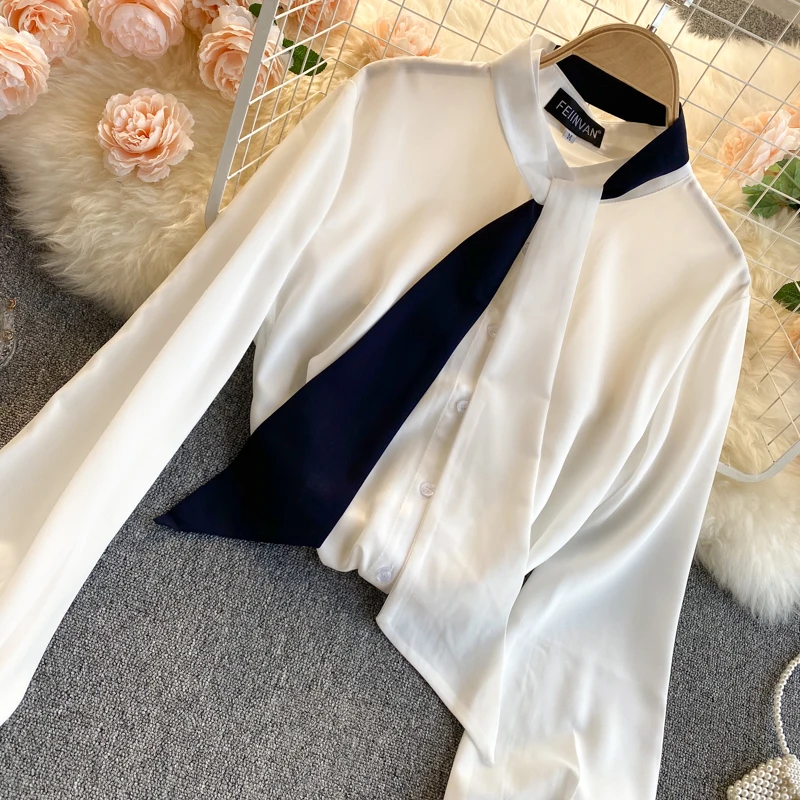 

version dongdamen 2021 spring and summer new shirt women's round neck tie bowknot bubble sleeve versatile Chiffon Top