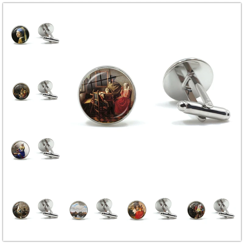 

Vermeer девушка с жемчугом, запонки, самые известные картины, пародия, коллекция искусства, модные стеклянные купольные серебряные запонки