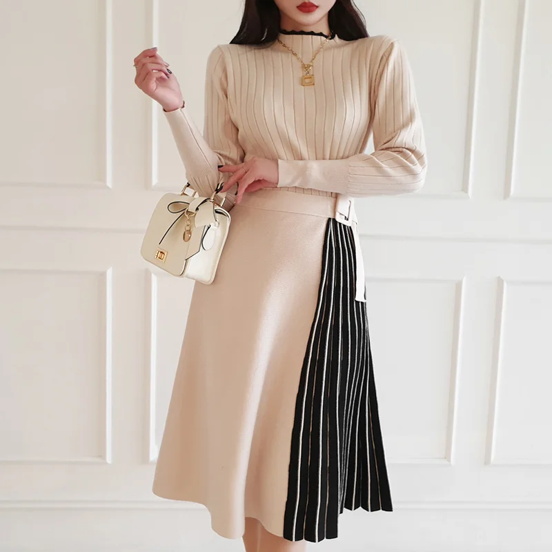 

Knit Dress Female Mid-length Autumn and Winter Elegant Stand-up Collar Cinched Slimming Contrast Color Pleated Overknee Base Kio