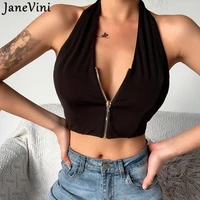 janevini deep v neck tank top women summer black white crop top zipper sexy halter female lady casual streetwear vest top 2021