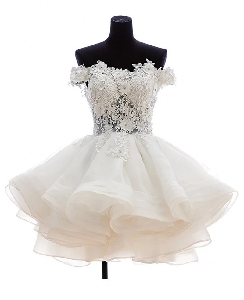 Женское Короткое свадебное платье белое или цвета слоновой кости с открытыми плечами и кружевной