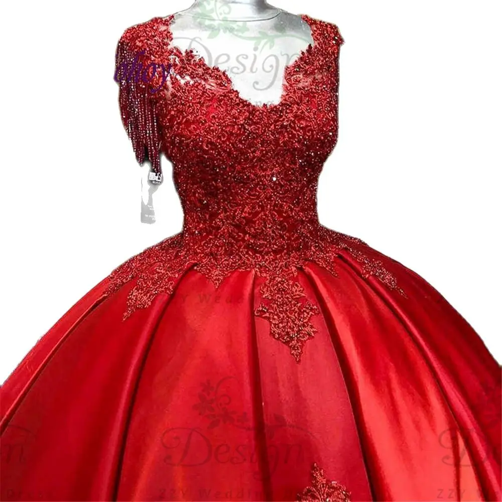 

vestidos de 15 aos Graduation Dresses Red Satin V-Neck Pearls Lace-Up Ball Gown Court Train Custom-Made Quinceanera Dresses