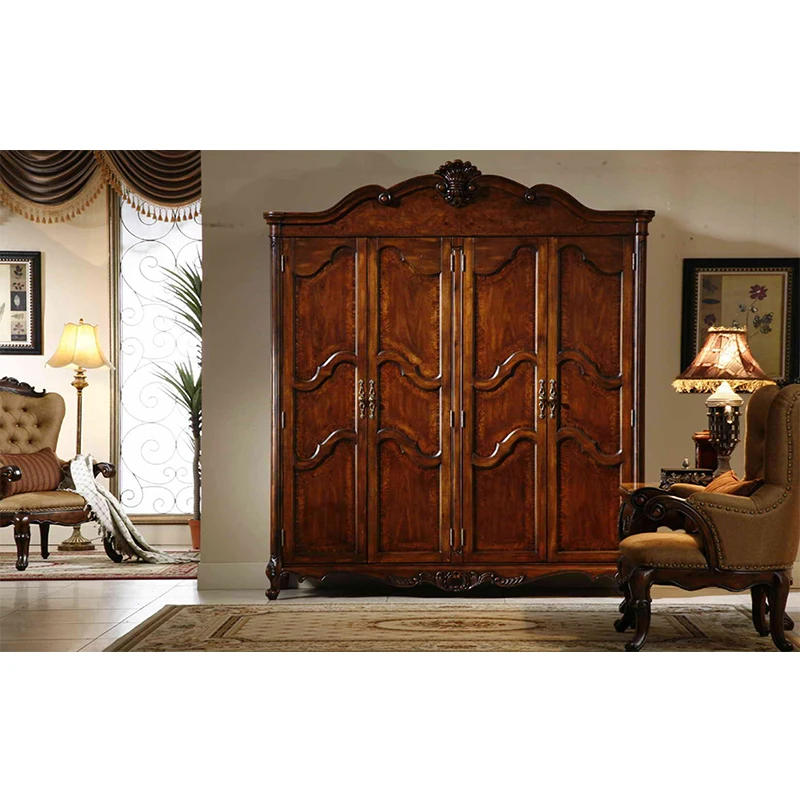 

European Fashion Wooden Furniture Antique Solid Wooden Wardrobe With 4 Doors Large Room Cabinet Шкаф для одежды GH05