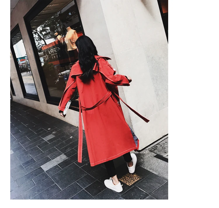 Новинка модный двубортный свободный красный плащ женский длинный рукав пояс