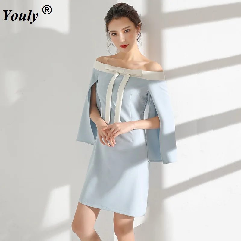

Blue Slash Neck Party Mini Dress Slim Bare Shoulder Women 2021 Sexy Night Celebrate Event Eegant Lady Clubwear Dinner Dress