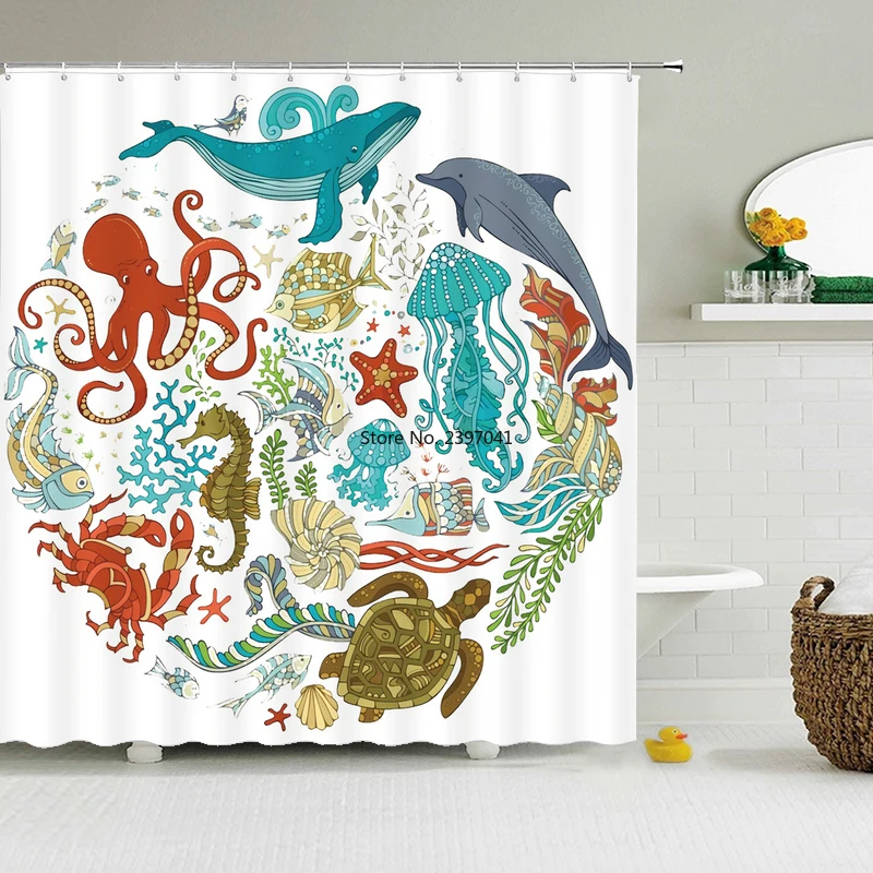 

Водонепроницаемая занавеска для душа s, занавеска для ванны с мультяшными рыбками, кошками, занавеска для ванны из полиэстера, моющаяся зана...