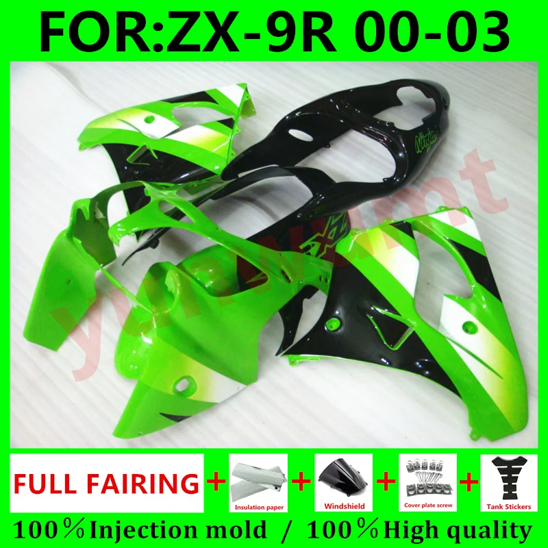 

Motorcycle Injection Mold Fairings Kits For KAWASAKI Ninja ZX-9R 00 01 02 03 ZX9R 2000 2002 ABS fairing Bodywork set green black