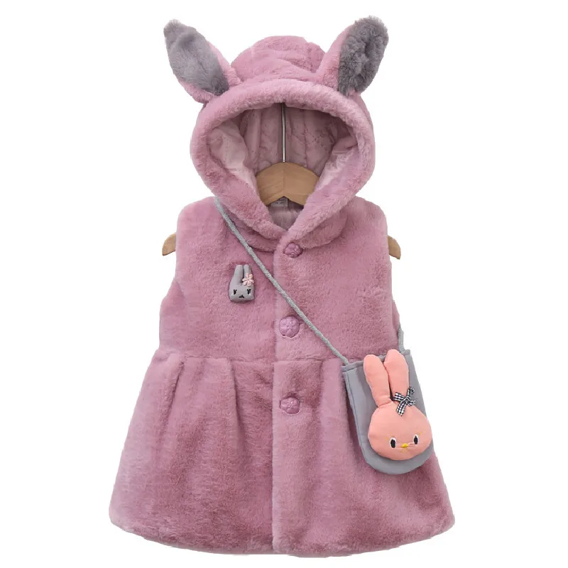 

Детское пальто с мультяшным рисунком, детский меховой жилет, куртка с кроличьими ушками и капюшоном для девочек ясельного возраста, одежда ...