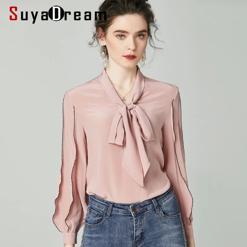 Однотонная женская блузка SuyaDream с воротником-бантом из 100% шелка креп 2020 Весенняя