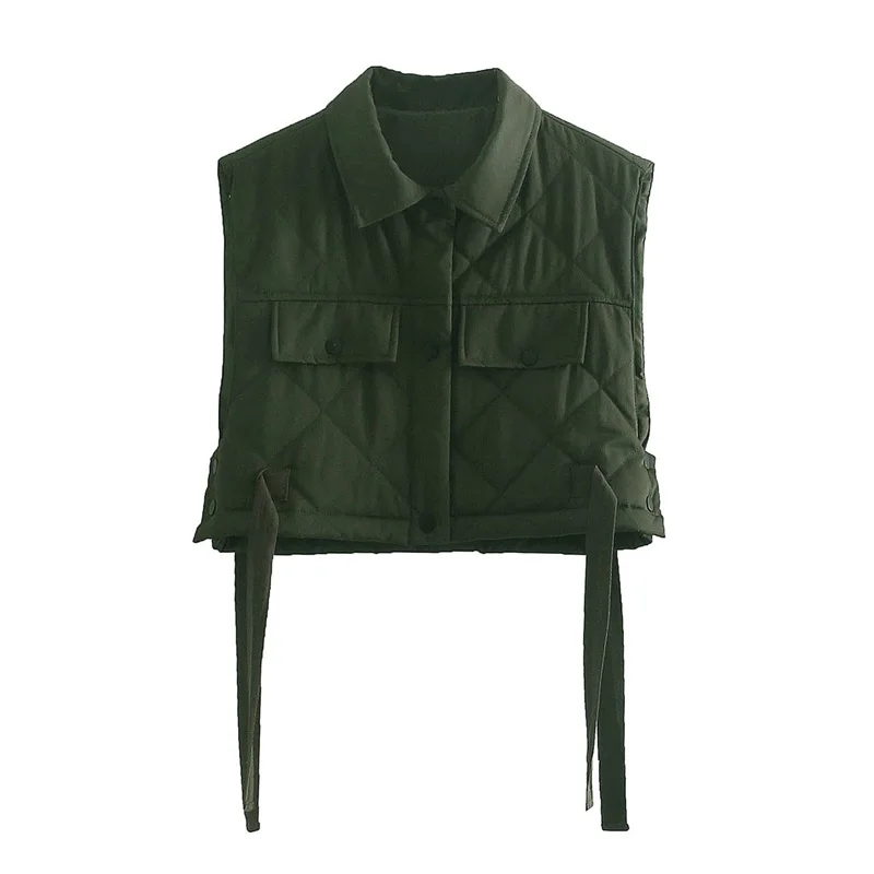 

2021 Women Green Pocekts Quilting Cropped Vests Fashion Side Buttons Tie Turn-down Collar Waistcoat Streetwear