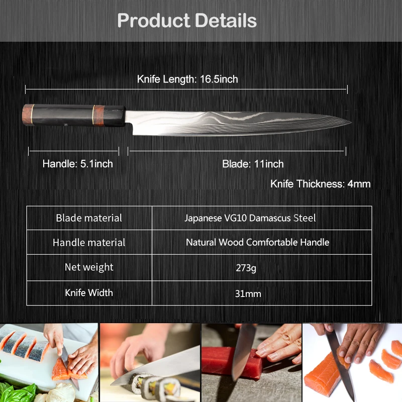 11 дюймов суши Sahimi Ножи японской дамасской VG10 Сталь Ультра Sharp Yanagiba рыб