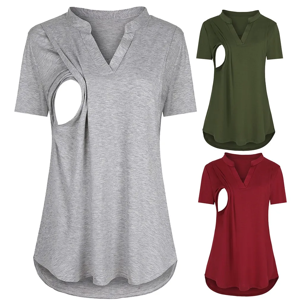 

LONSANT Pregnancy Clothes Short Sleeve Solid Color Nursing Tops For breastfeeding lactancia ropa Maternity Clothes New Drop Ship