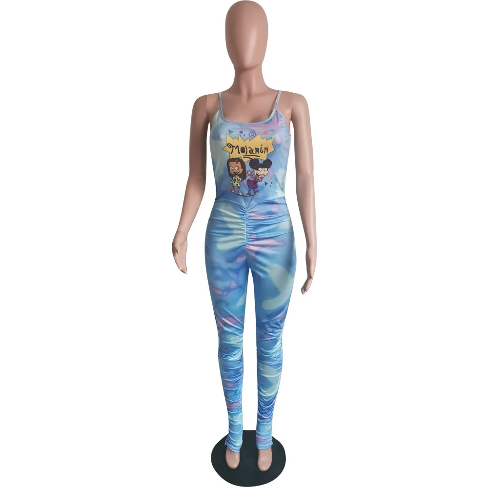 

Cartoon Character Tie Dye Harajuku Jumpsuit Women Spaghetti Strap Sleeveless Stacked Overall Summer Low Neck Skinny Slim Rompers
