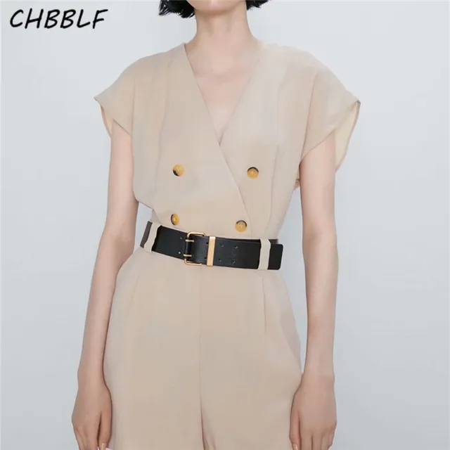 CHBBLF women elegant V neck playsuits bow tie belt short sleeve pockets button decorate female chic stylish jumpsuits HJH2334 1